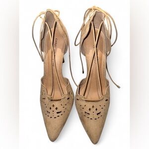 Christian Siriano Tan Suede Pointed Lace-Up Heels